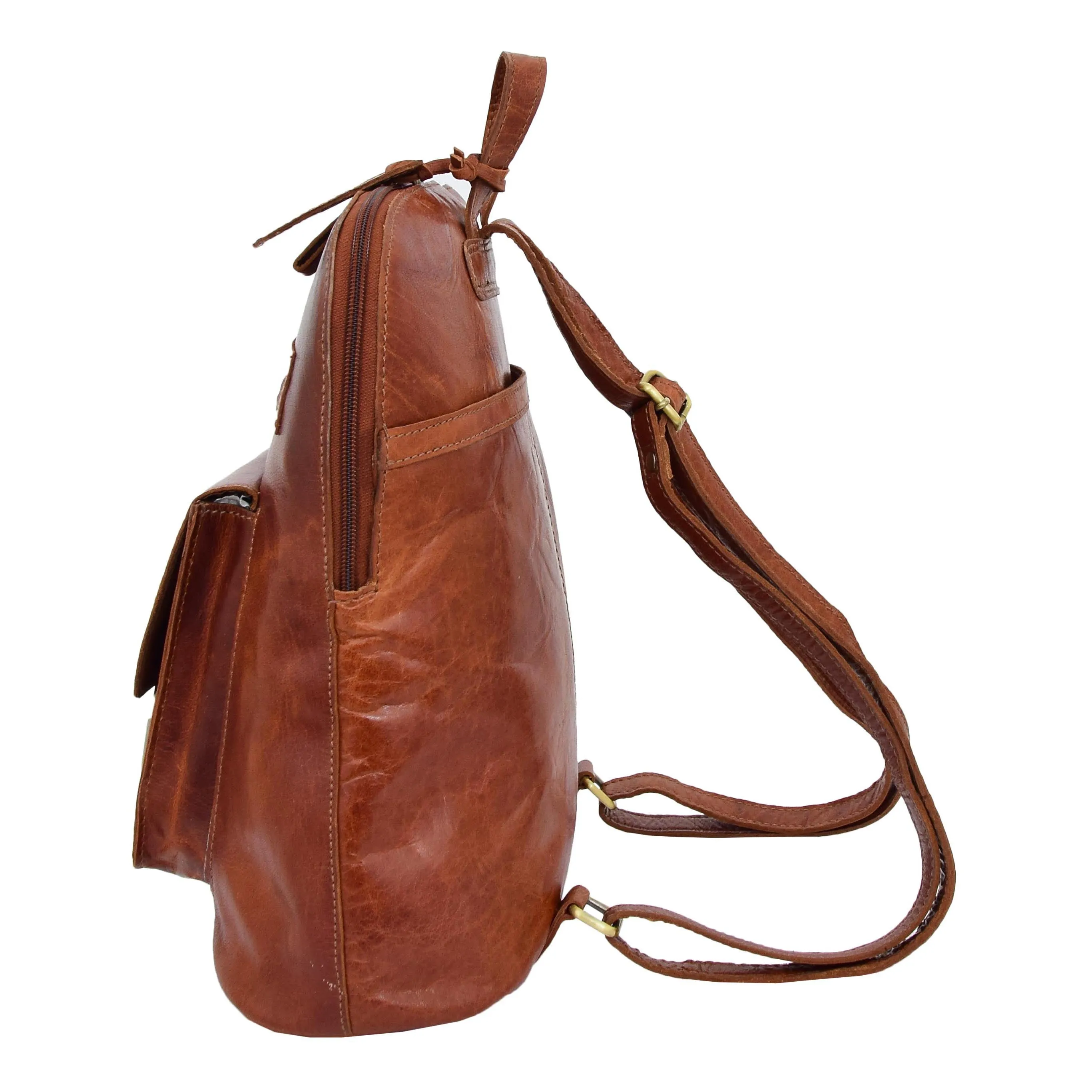 Womens Real Cognac Leather Backpack Organiser Day Rucksack Campus