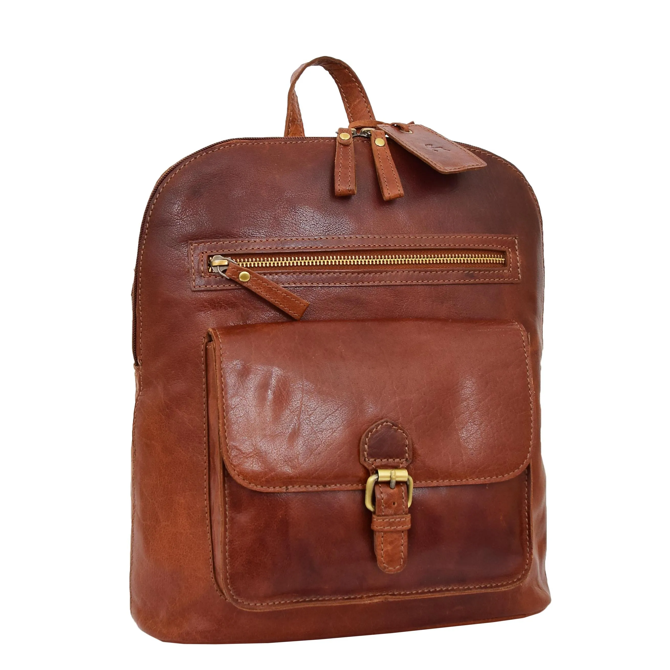 Womens Real Cognac Leather Backpack Organiser Day Rucksack Campus