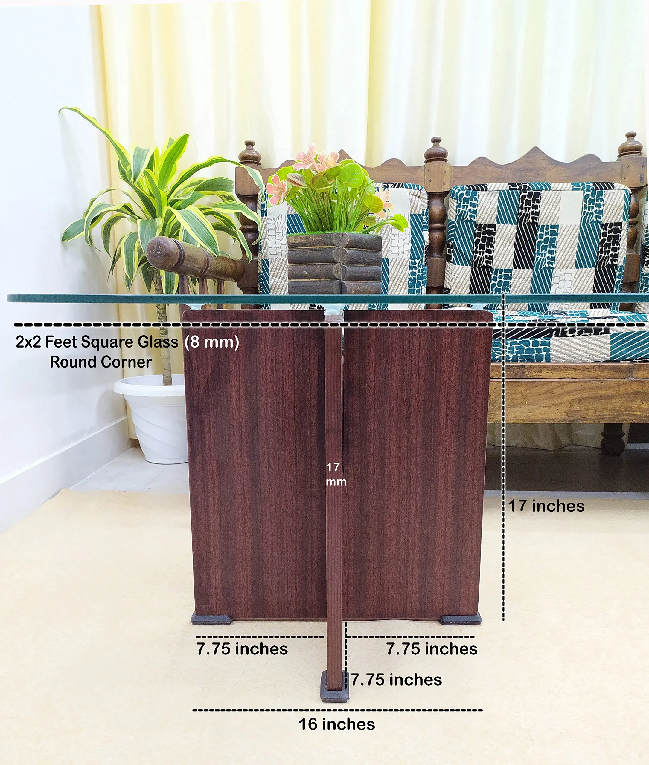 Wood and Square Glass Center Coffee DIY Living Room Sofa Couch Table, Rose Wood Color, 24 X 24 X 17 inches