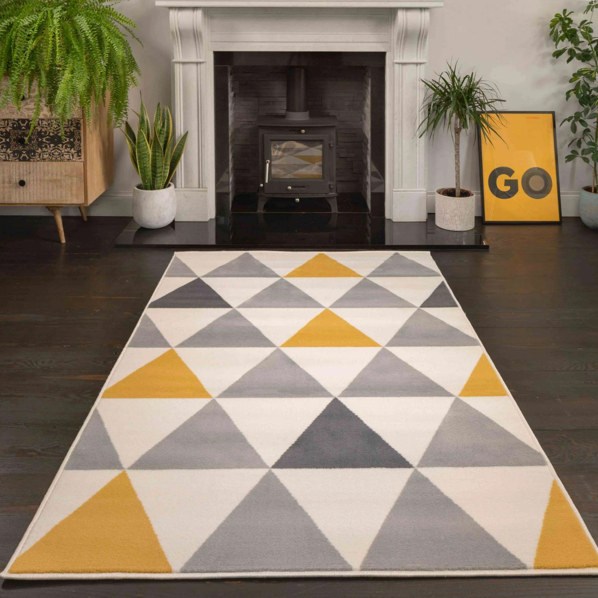 Yellow Grey Geometric Triangle Hall Runner Rug