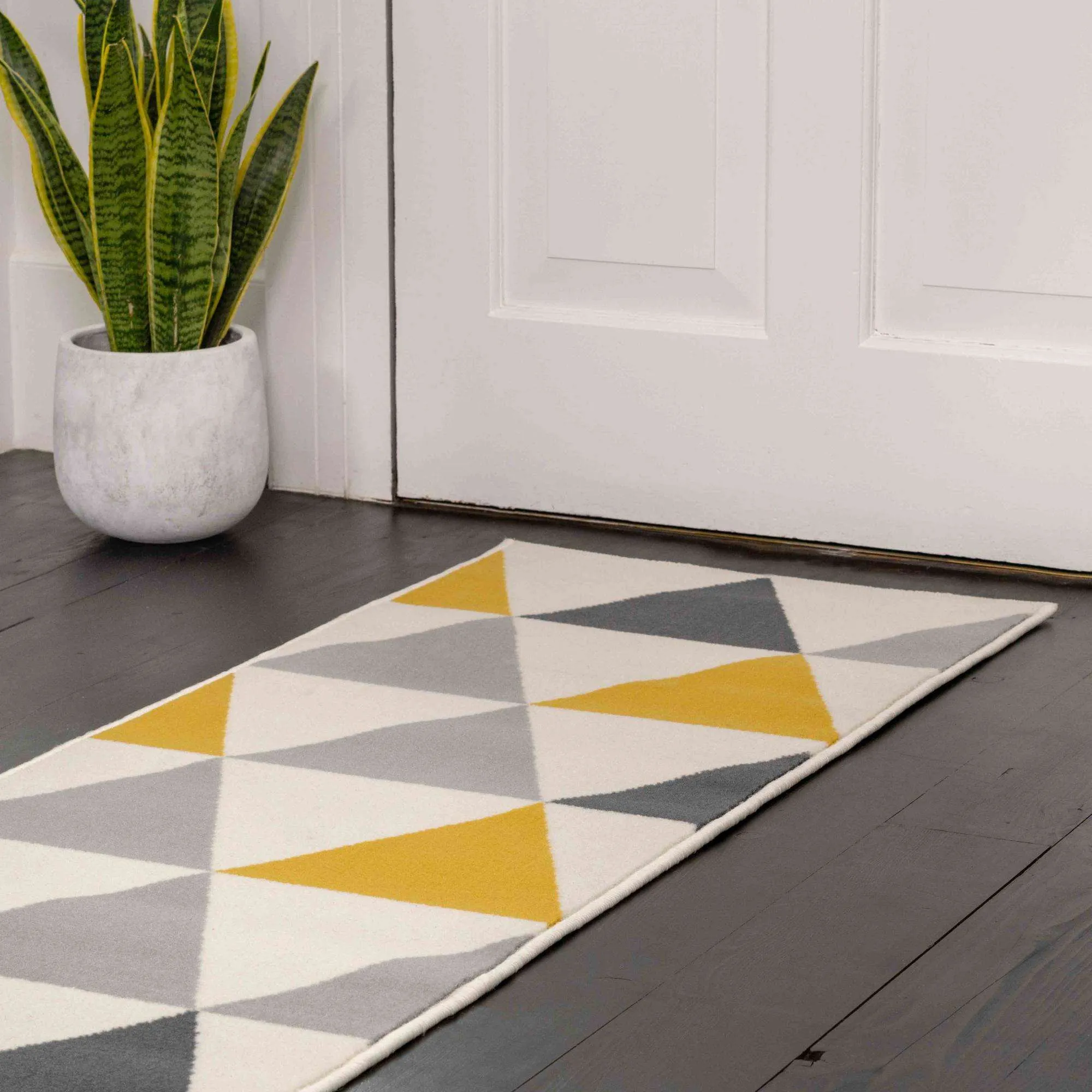 Yellow Grey Geometric Triangle Hall Runner Rug