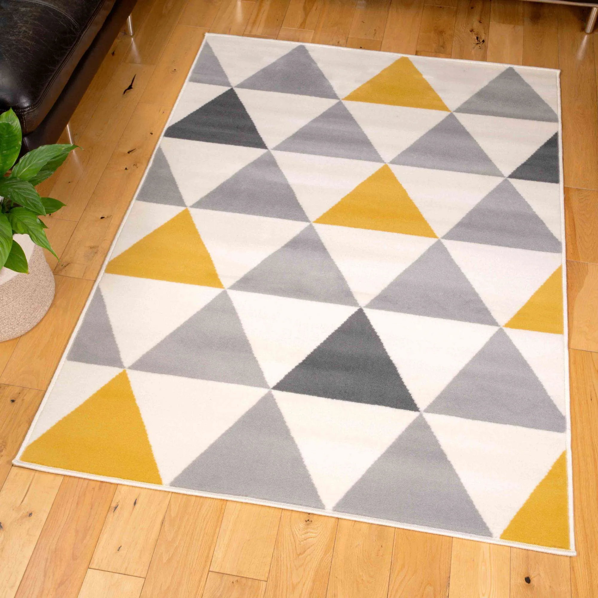 Yellow Grey Geometric Triangle Hall Runner Rug