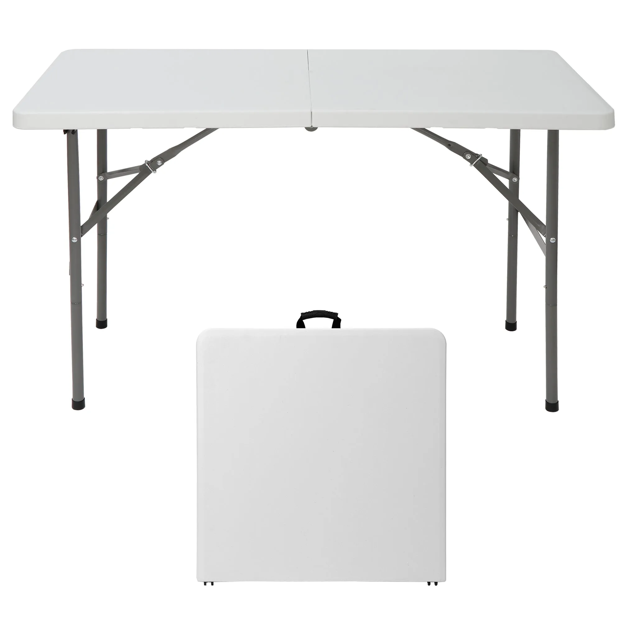 ZENY™ 4ft Portable Indoor Outdoor Heavy Duty Plastic Folding Table Picnic Table Fold-in-Half Utility Table w/Handle and Steel Legs，White