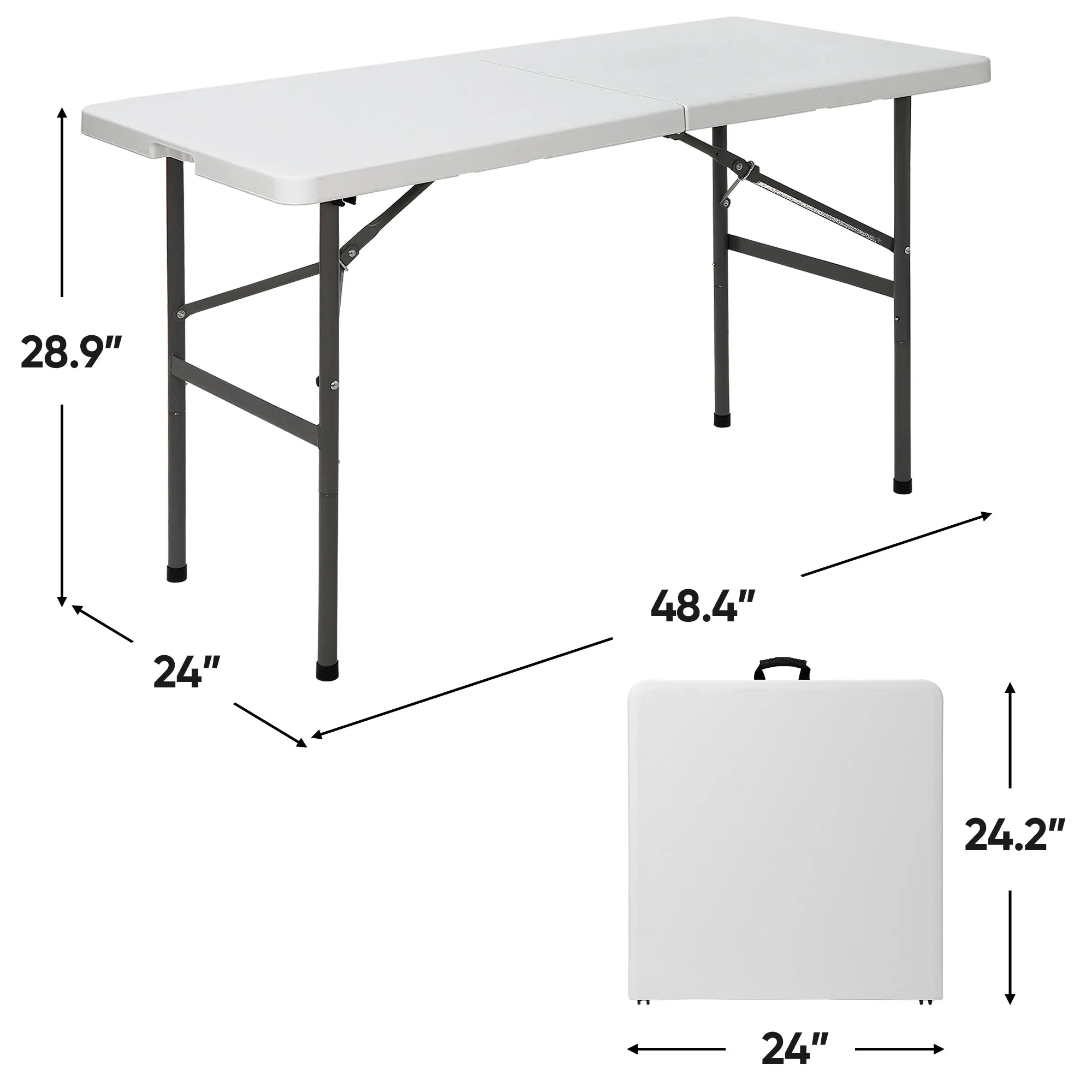 ZENY™ 4ft Portable Indoor Outdoor Heavy Duty Plastic Folding Table Picnic Table Fold-in-Half Utility Table w/Handle and Steel Legs，White