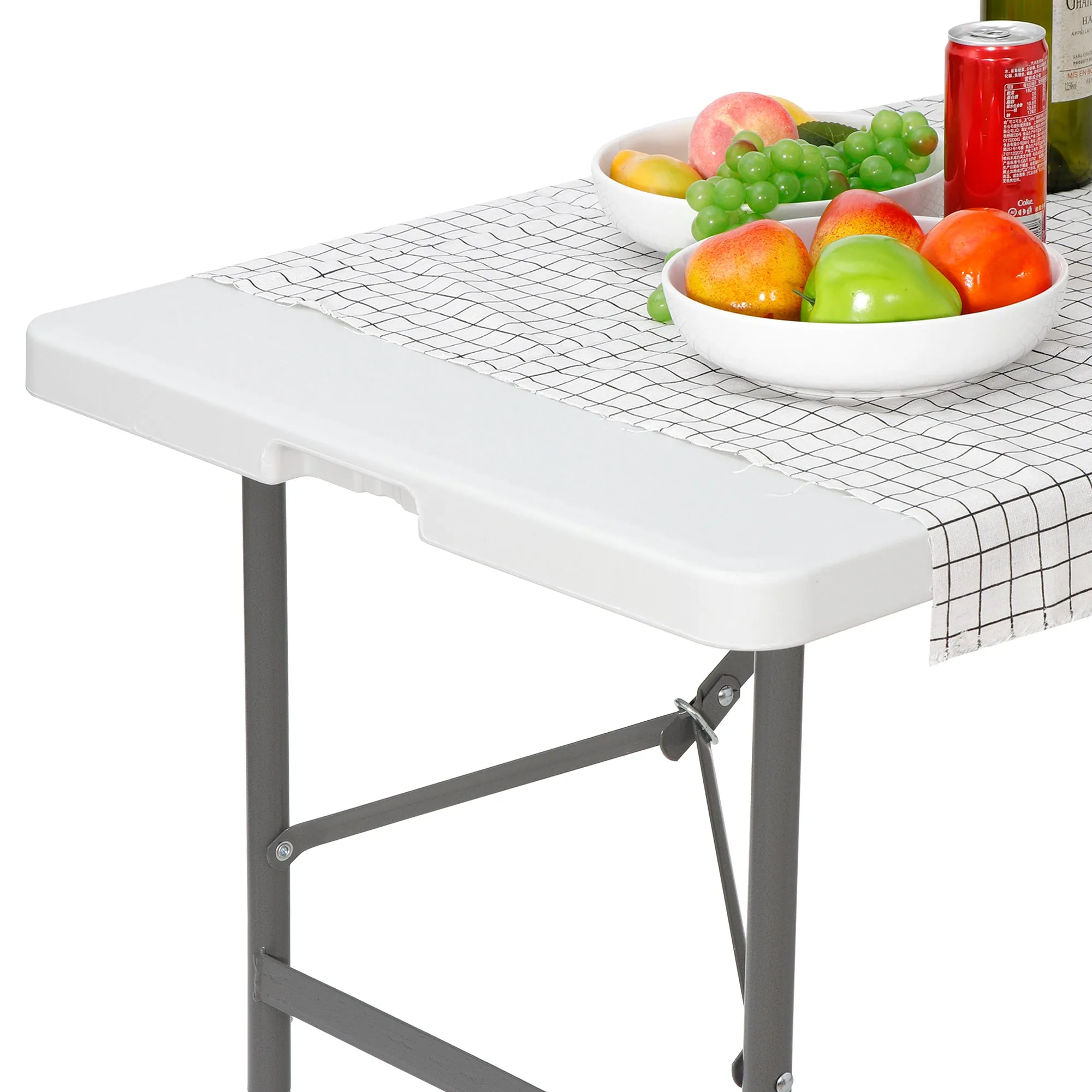 ZENY™ 4ft Portable Indoor Outdoor Heavy Duty Plastic Folding Table Picnic Table Fold-in-Half Utility Table w/Handle and Steel Legs，White